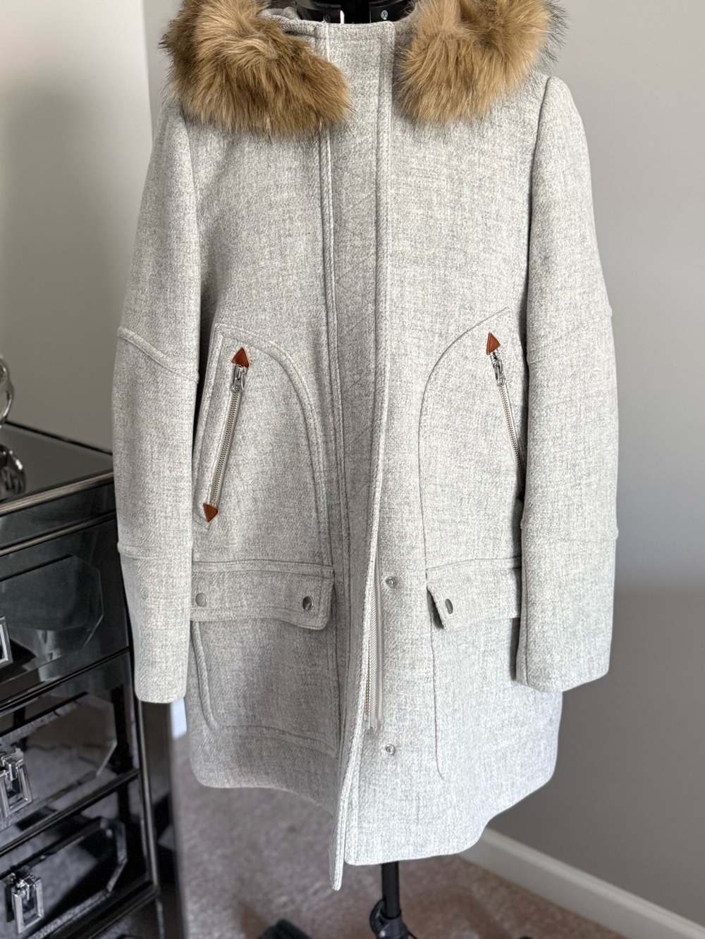 J. Crew Light Gray Italian Stadium Cloth Coat with Faux Fur Trim